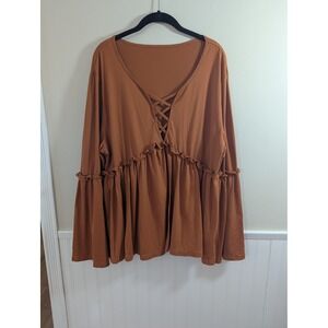 Rust Brown Lattice V-Neck Ruffle Peplum Bell Sleeve Top 4XL Boho Peasant Fall